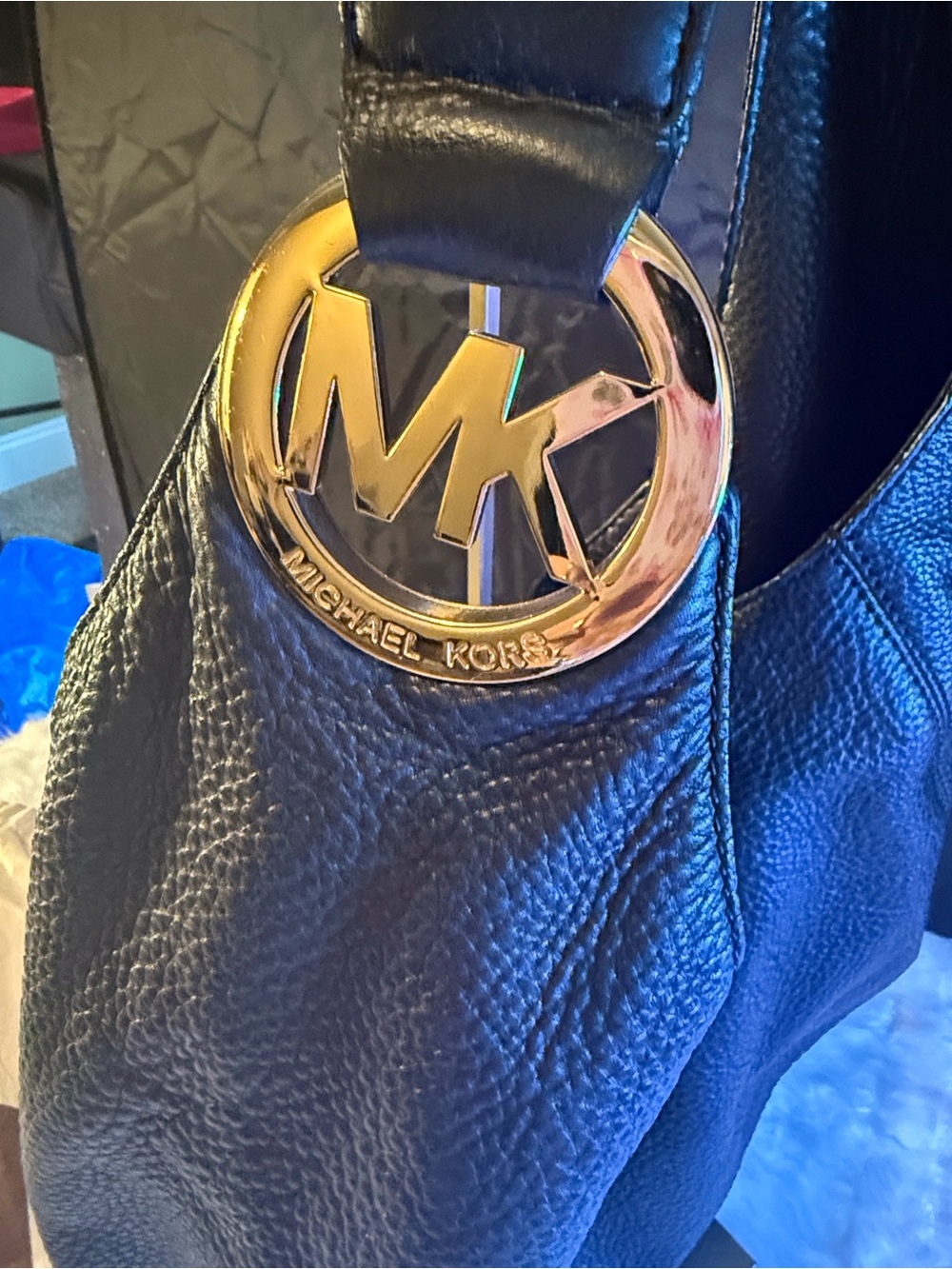 Michael Kors Black Pebbled Leather Shoulder Bag with Gold MK Charm